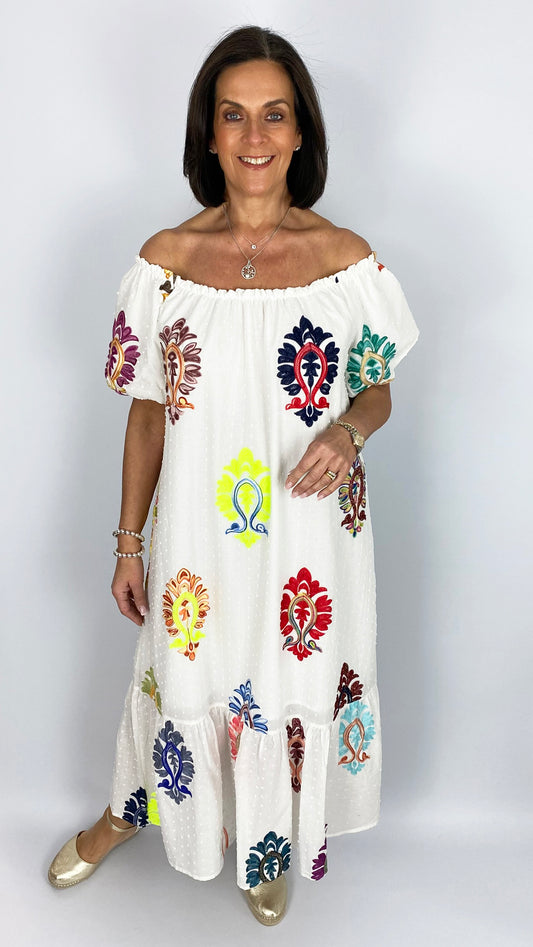 Embroidered bardot style dress | White Multi | by Malissa J