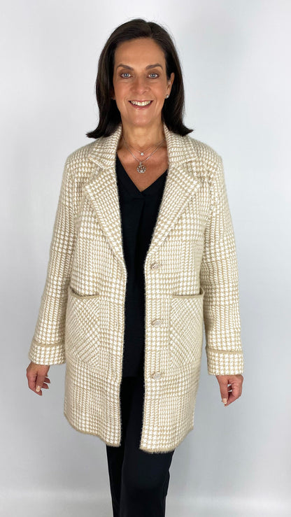 Houndstooth brushed knit longline jacket | Beige