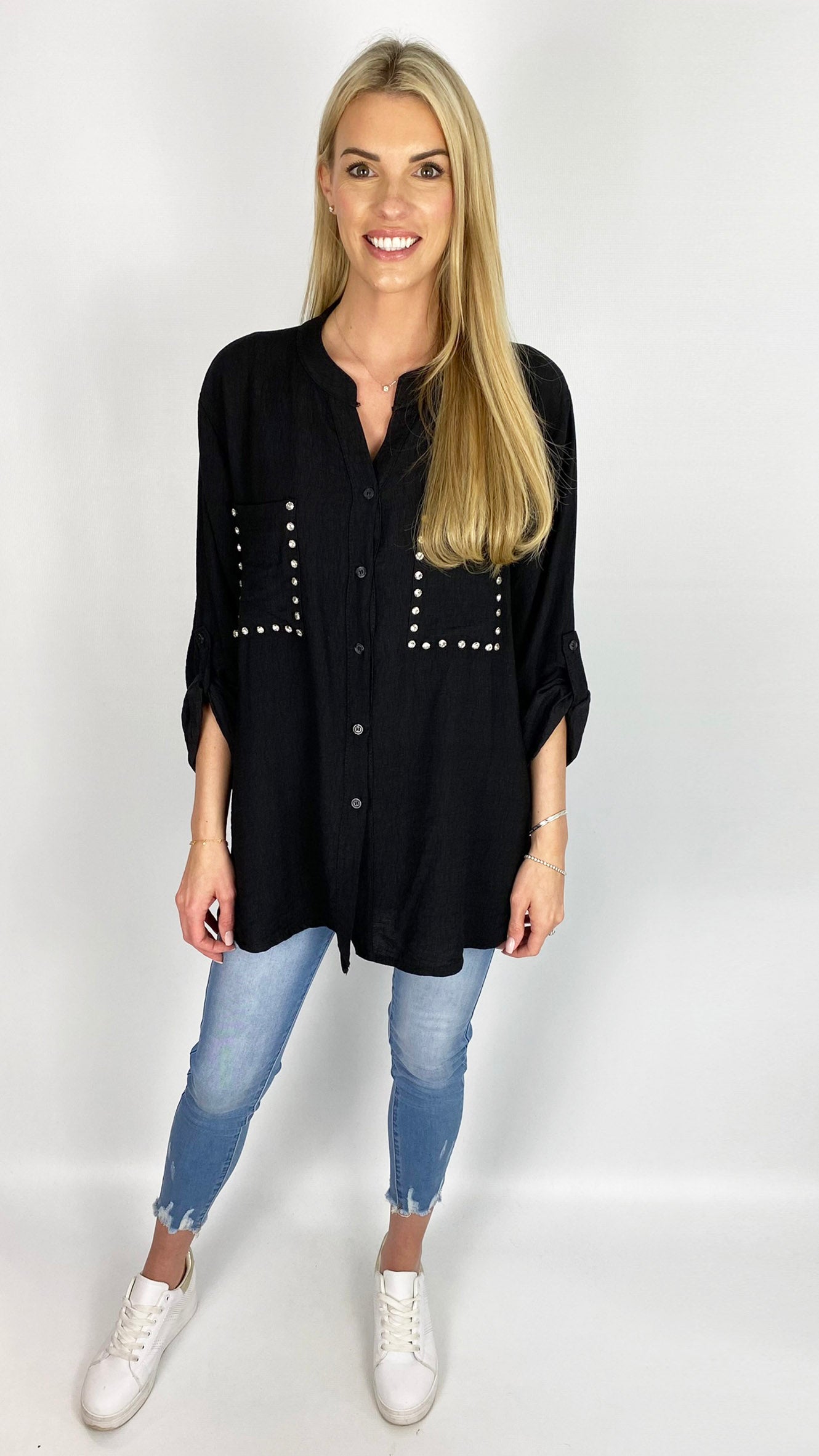 Diamante detail collarless shirt (4 Colours)