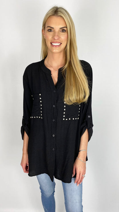 Diamante detail collarless shirt (4 Colours)