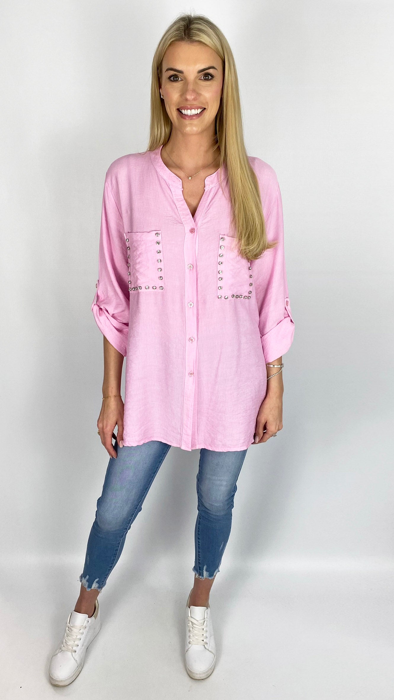 Diamante detail collarless shirt (4 Colours)