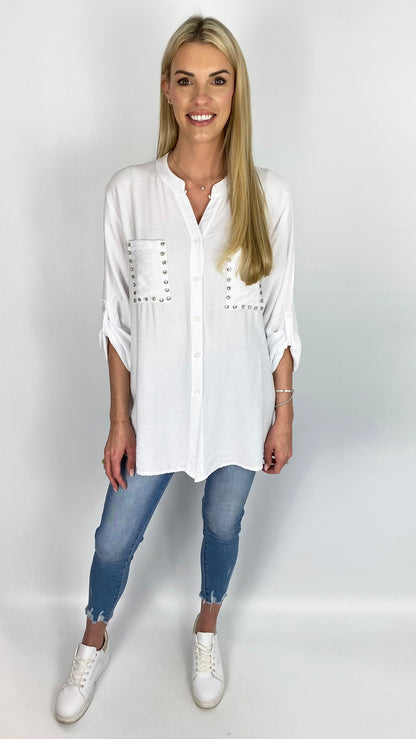 Diamante detail collarless shirt (4 Colours)