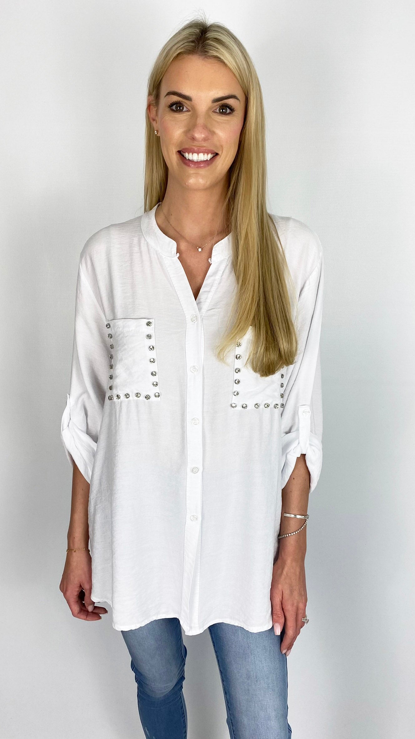 Diamante detail collarless shirt (4 Colours)