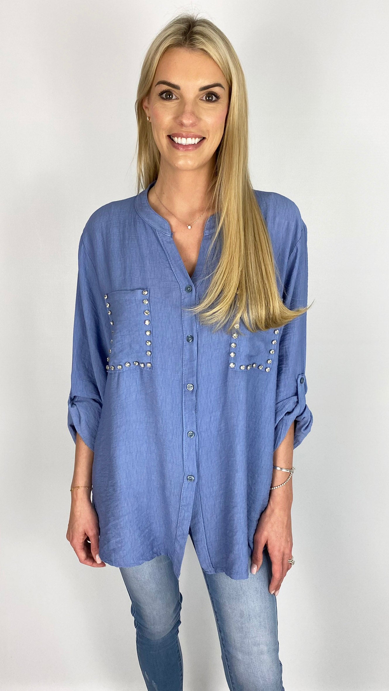 Diamante detail collarless shirt (4 Colours)