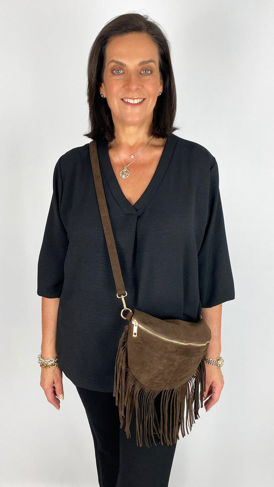 Faux suede fringe trimmed crossbody bag | 3 colours