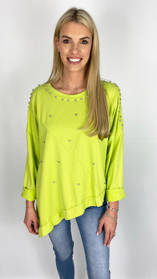 Diamante detail cold-shoulder cotton asymmetric top (4 Colours)