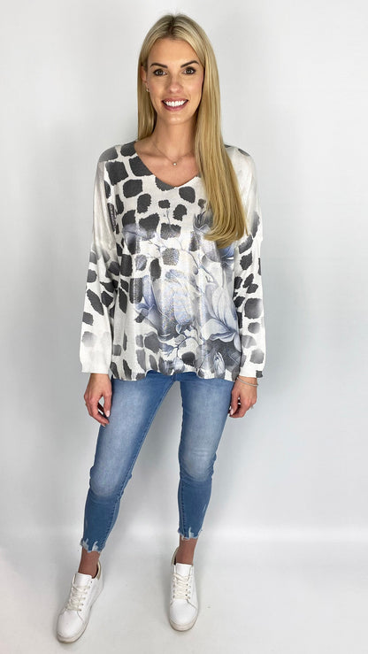 Floral & animal print shimmer v-neck jumper (2 Colours) - last 1s