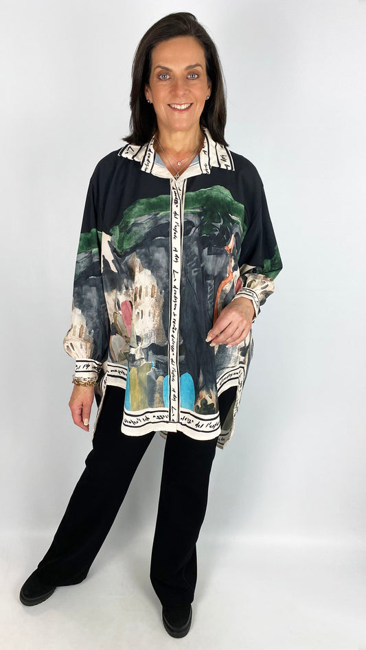 Landscape print hi-low shirt | Black | last 1