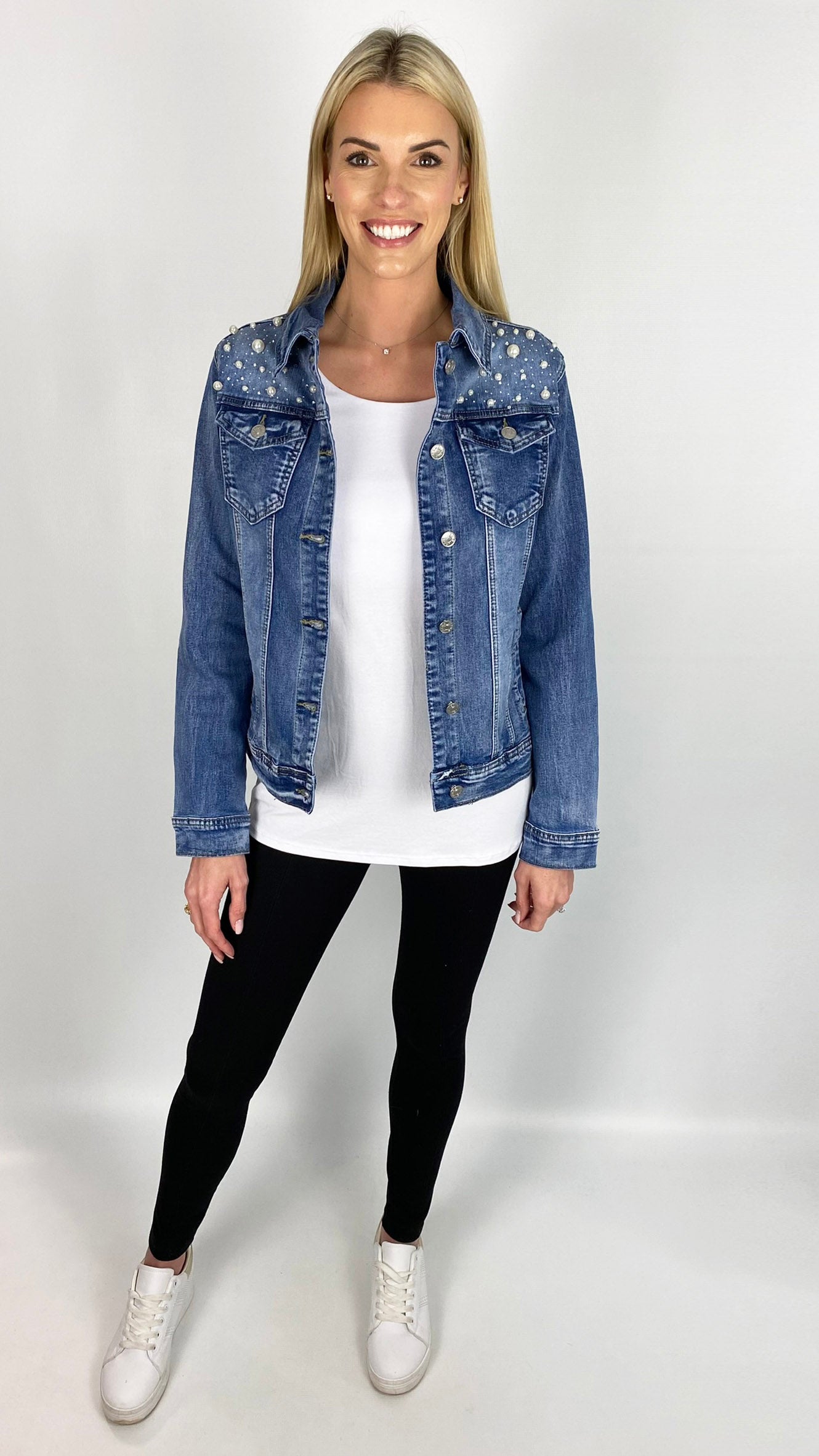 Pearl & diamante detail stretch denim jacket (Blue) - last 1