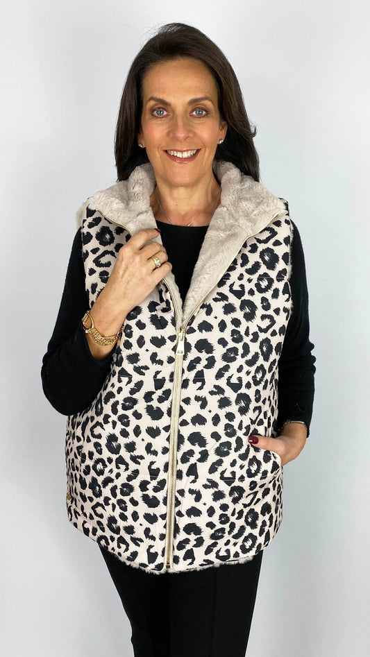 Leopard print & faux fur reversible gilet | Stone | 2 Sizes | by Malissa J