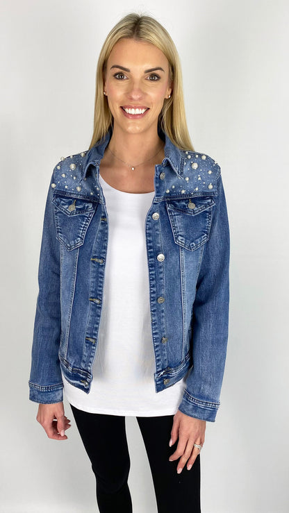 Pearl & diamante detail stretch denim jacket (Blue) - last 1