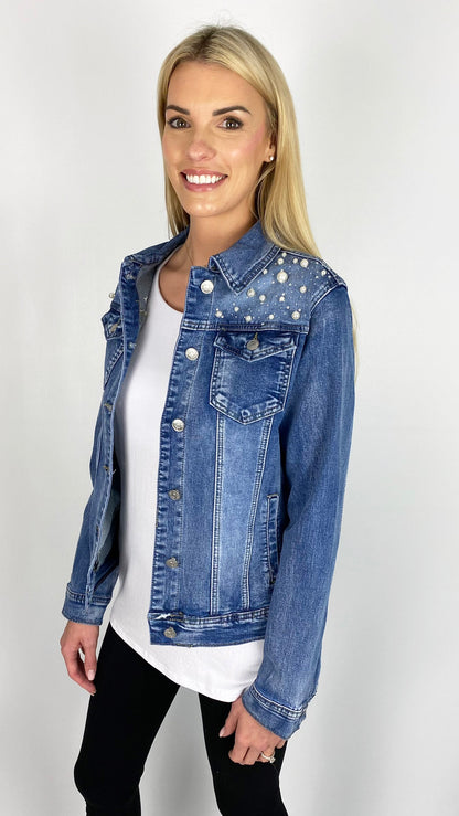 Pearl & diamante detail stretch denim jacket (Blue) - last 1