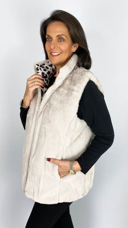 Leopard print & faux fur reversible gilet | Stone | 2 Sizes | by Malissa J