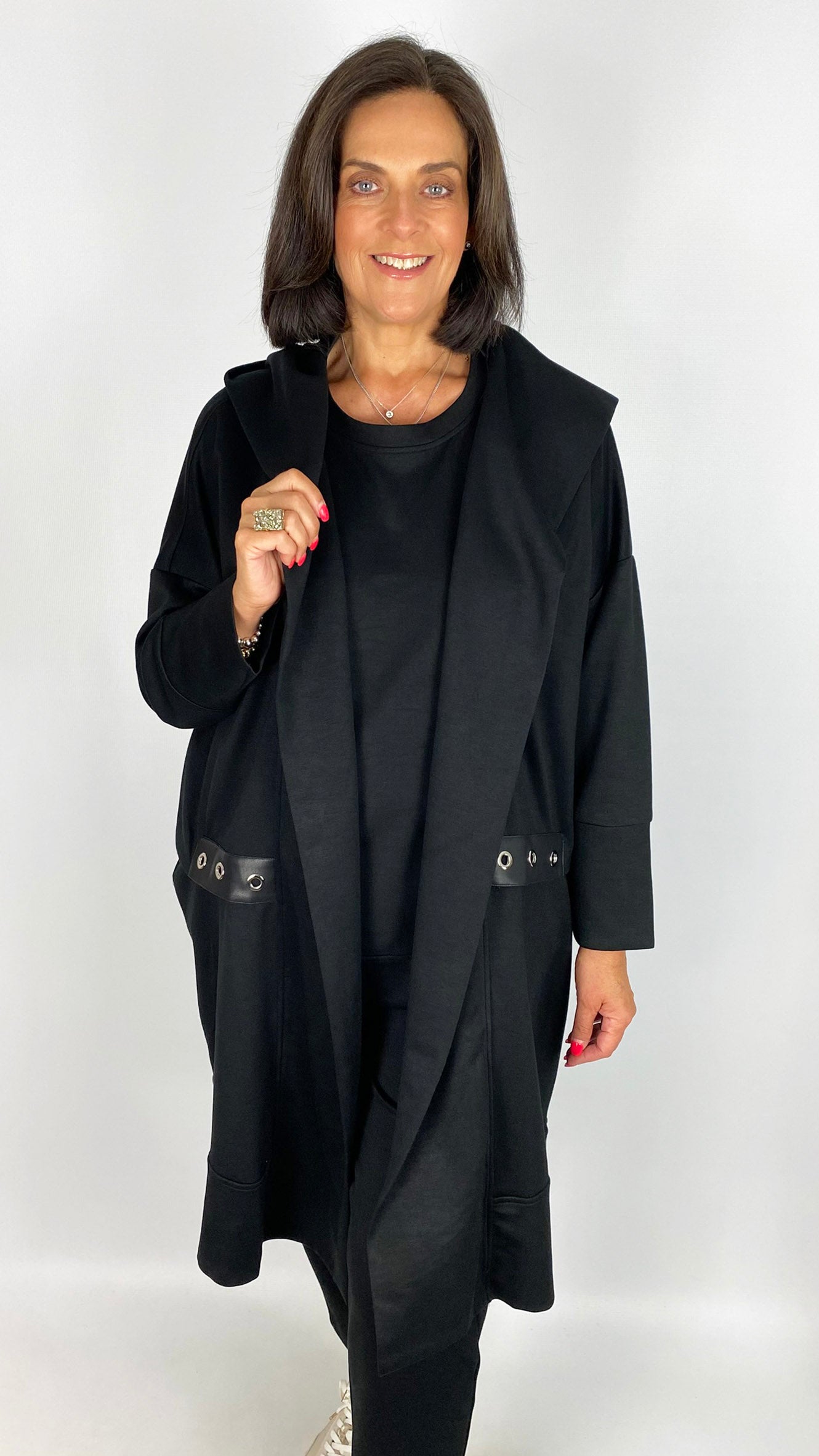 Eyelet detail jersey hooded longline jacket | 2 Colours | by Malissa J
