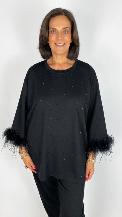 Silky soft jersey studded top w/ feather cuffs | Black | by Malissa J
