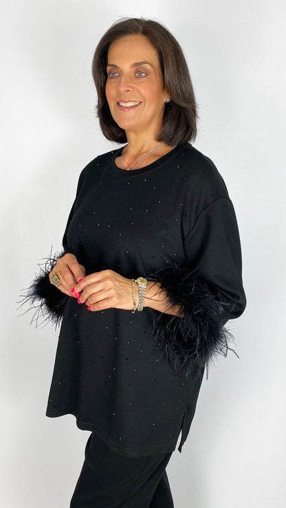 Silky soft jersey studded top w/ feather cuffs | Black | by Malissa J