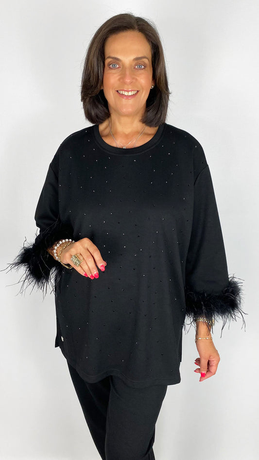 Silky soft jersey studded top w/ feather cuffs | Black | by Malissa J