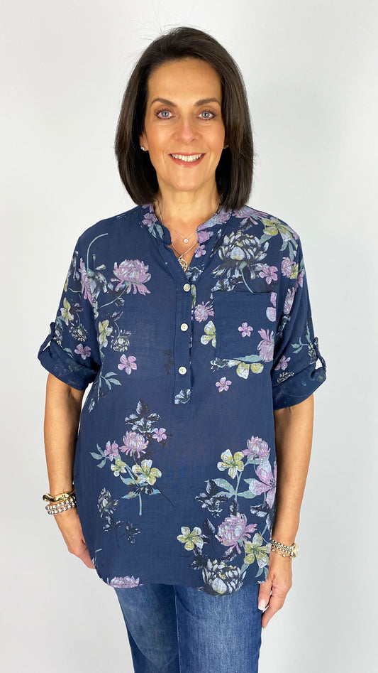 Grandad collar floral cotton top | 4 Colours
