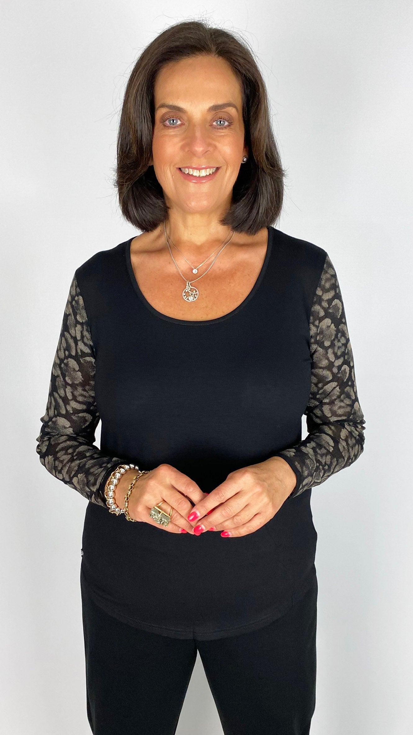 Jersey top w/ print mesh sleeve | Black | by Malissa J