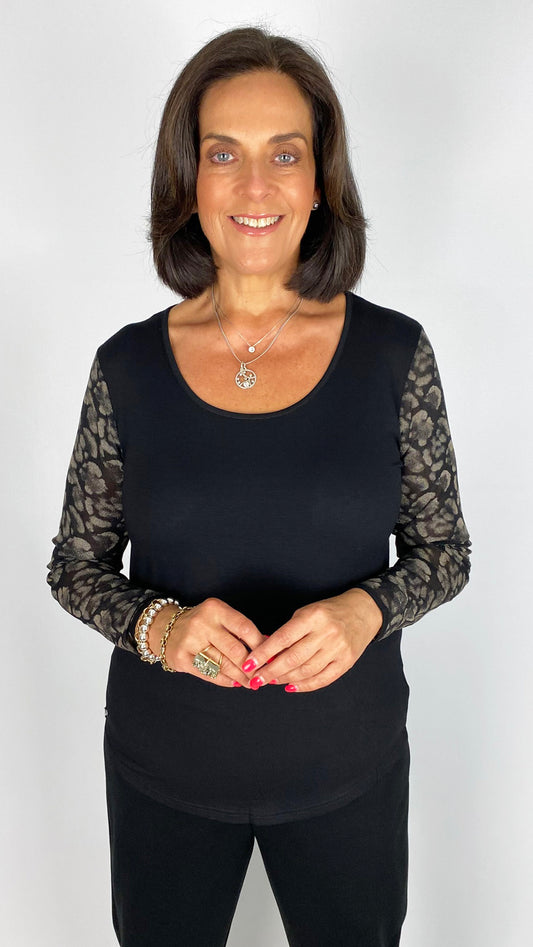 Jersey top w/ print mesh sleeve | Black | by Malissa J