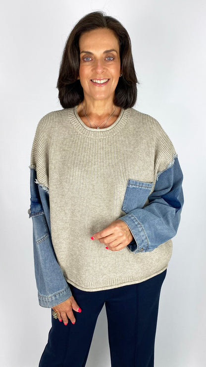 Knitted jumper w/ denim sleeves & pocket | Stone/Denim | by Malissa J