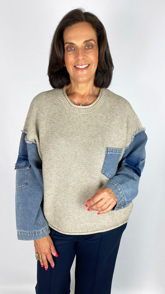Knitted jumper w/ denim sleeves & pocket | Stone/Denim | by Malissa J