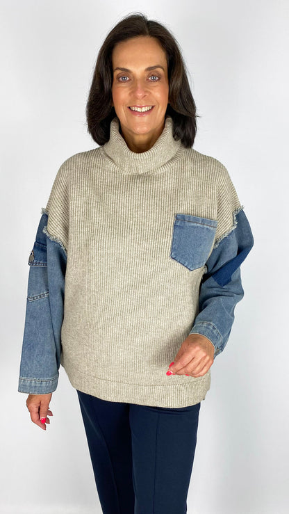 Rollneck knitted jumper w/ denim sleeves & pocket | Stone/Denim | by Malissa J