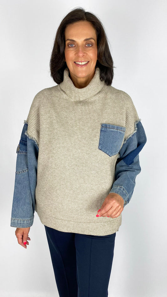 Rollneck knitted jumper w/ denim sleeves & pocket | Stone/Denim | by Malissa J