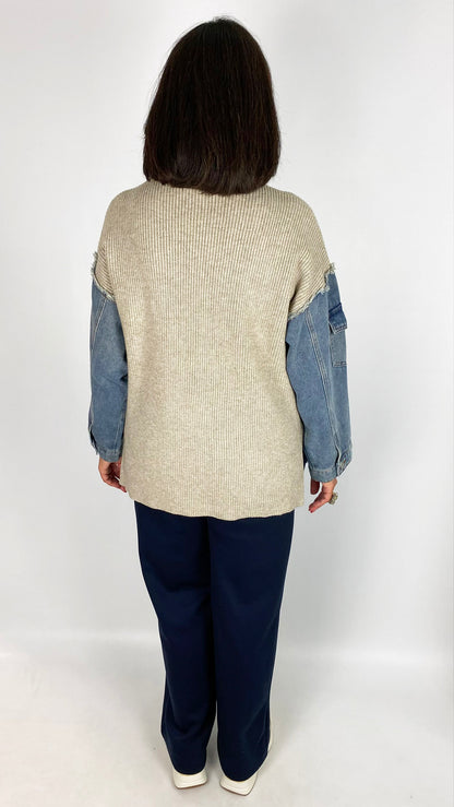 Rollneck knitted jumper w/ denim sleeves & pocket | Stone/Denim | by Malissa J