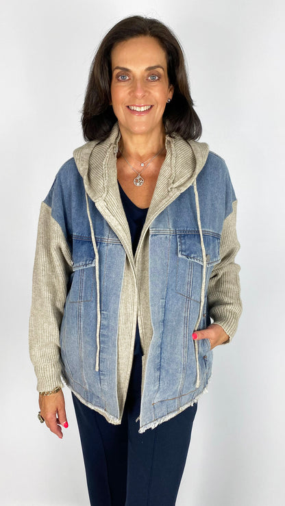 Knit & denim mix hooded jacket | Stone/Denim | by Malissa J