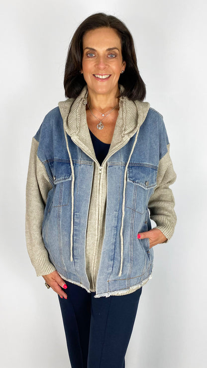 Knit & denim mix hooded jacket | Stone/Denim | by Malissa J