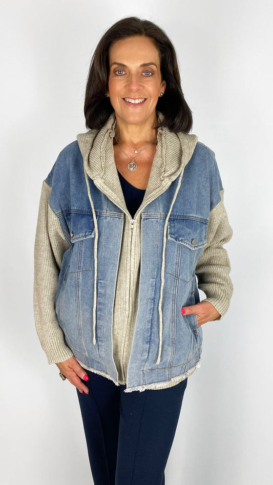 Knit & denim mix hooded jacket | Stone/Denim | by Malissa J