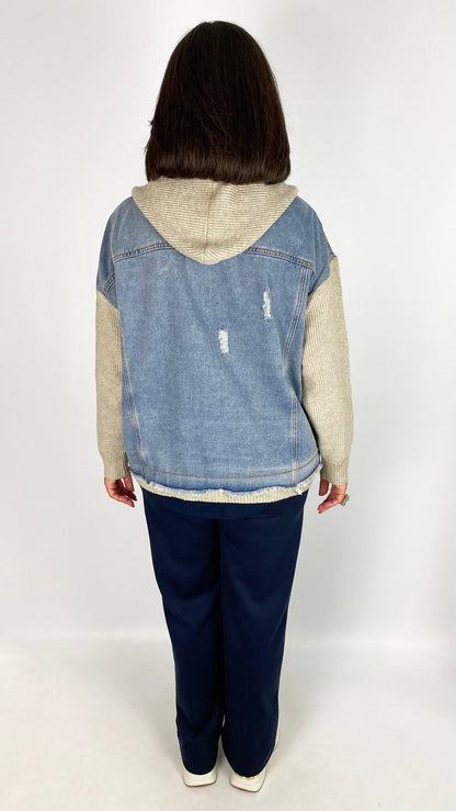 Knit & denim mix hooded jacket | Stone/Denim | by Malissa J