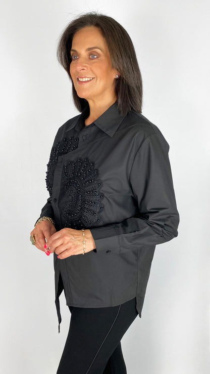 Beaded applique uneven hem shirt | 2 Colours | by Malissa J
