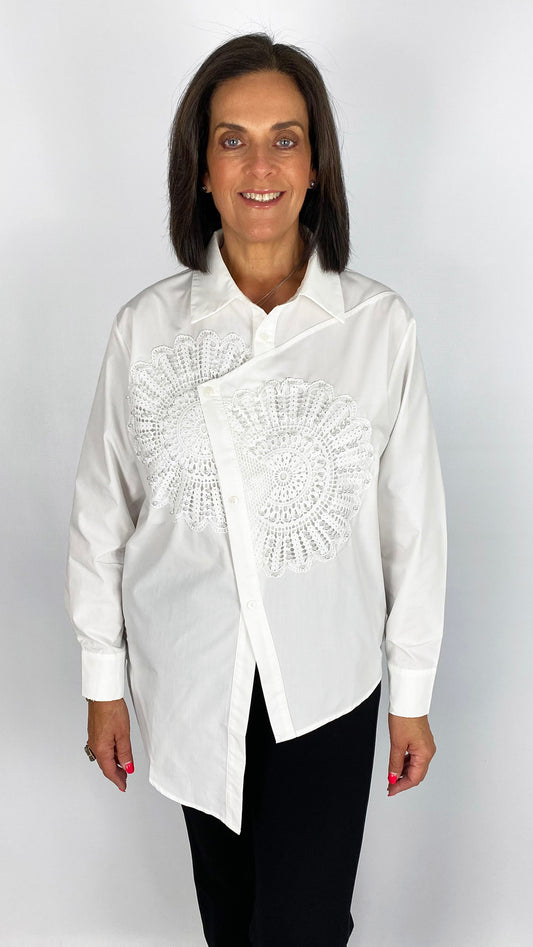 Beaded applique uneven hem shirt | 2 Colours | by Malissa J
