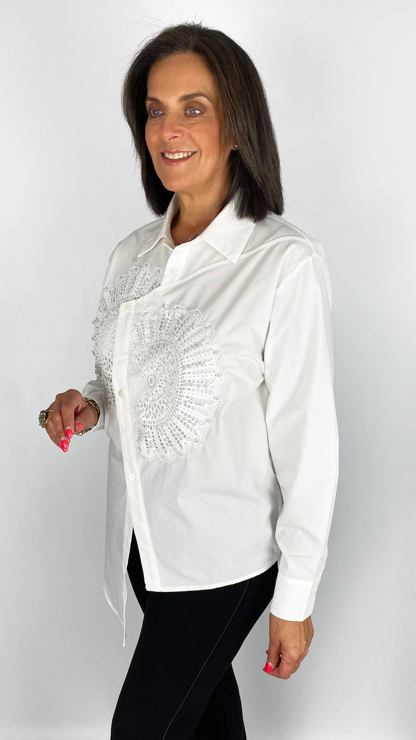 Beaded applique uneven hem shirt | 2 Colours | by Malissa J