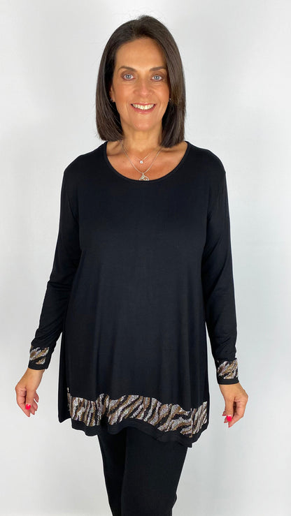 Jersey long sleeve top trimmed w/ animal print bling | Black | by Malissa J