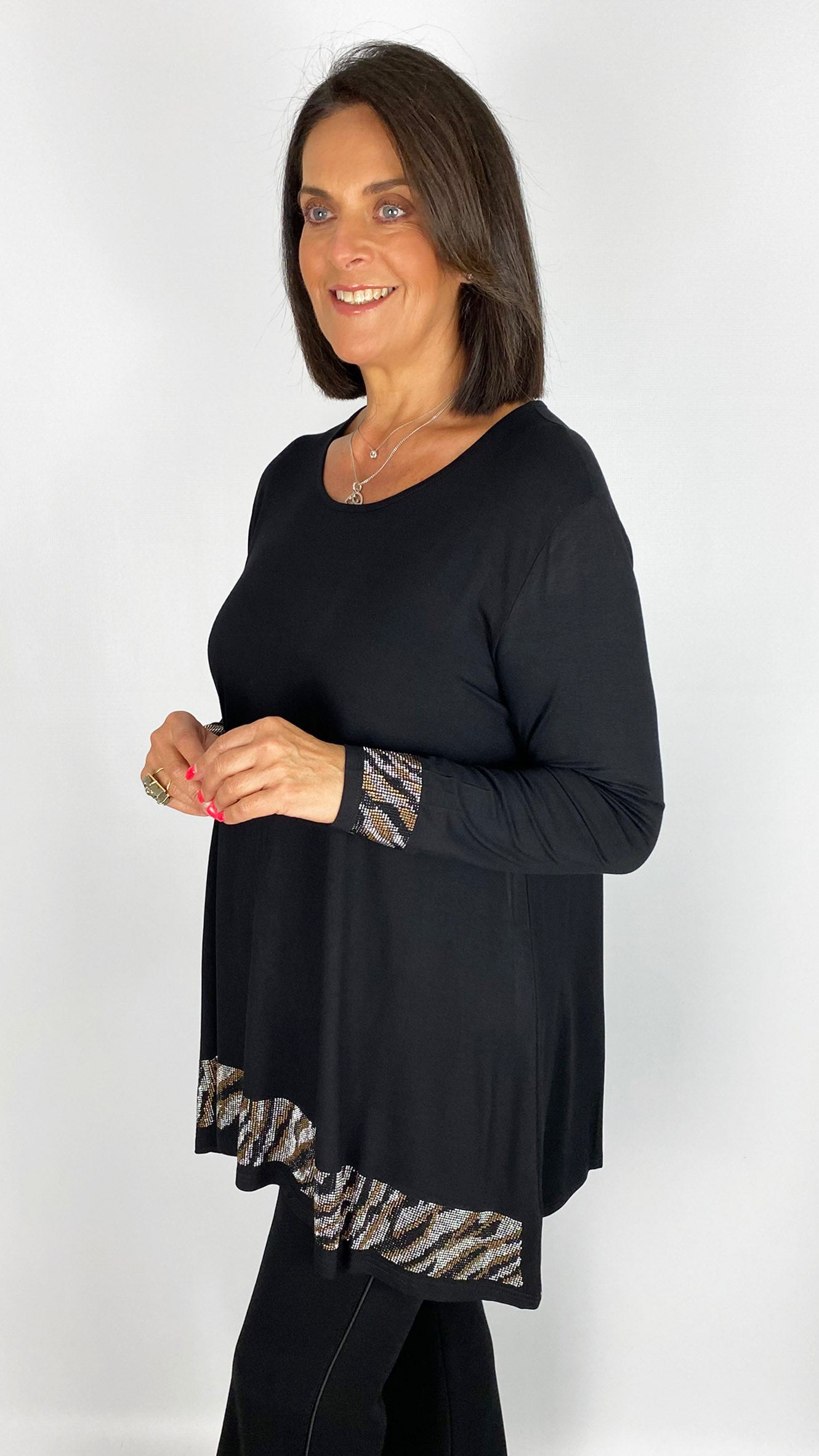 Jersey long sleeve top trimmed w/ animal print bling | Black | by Malissa J