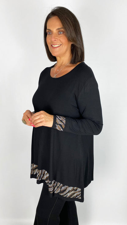 Jersey long sleeve top trimmed w/ animal print bling | Black | by Malissa J