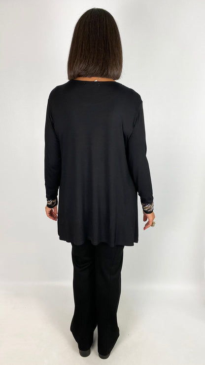 Jersey long sleeve top trimmed w/ animal print bling | Black | by Malissa J