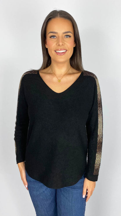 Embellished sleeve curved hem v-neck jumper | 4 Colours