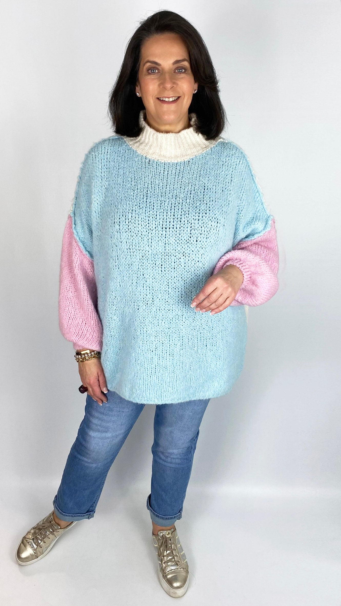 Contrast panel exposed seam turtleneck jumper (Blue/Pink/Cream) - last 1