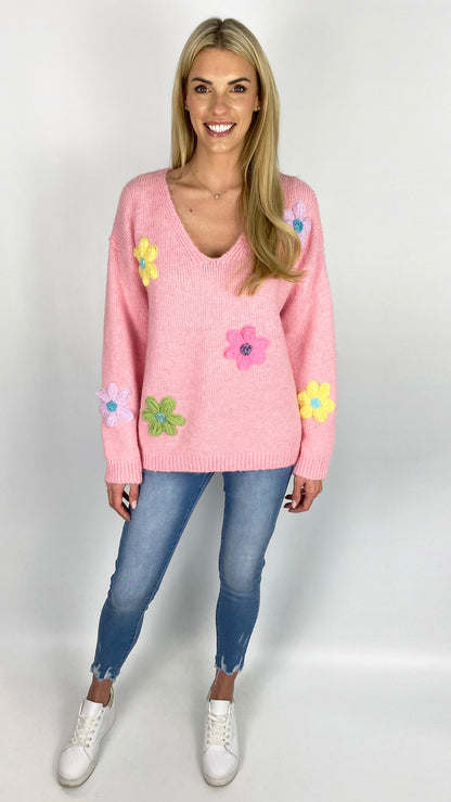 V-neck multi colour embroidery flower jumper (3 Colours) - last 1