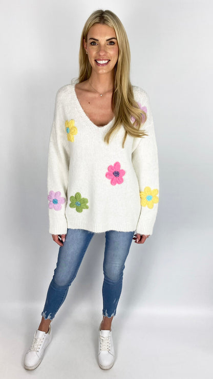 V-neck multi colour embroidery flower jumper (3 Colours) - last 1