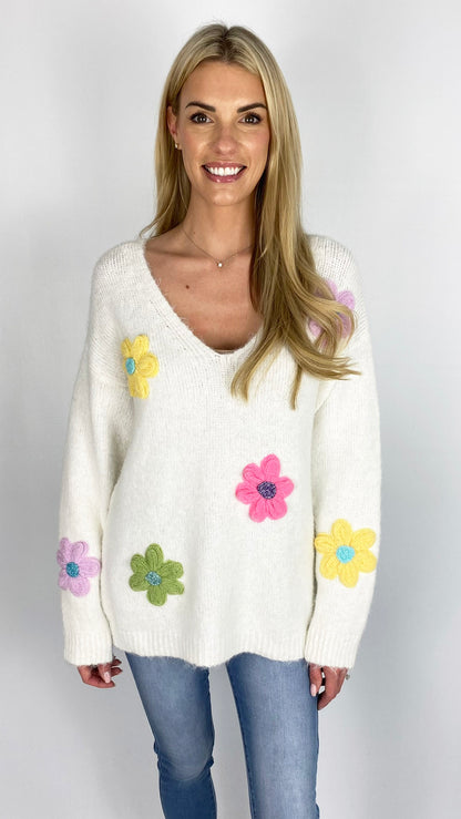 V-neck multi colour embroidery flower jumper (3 Colours) - last 1