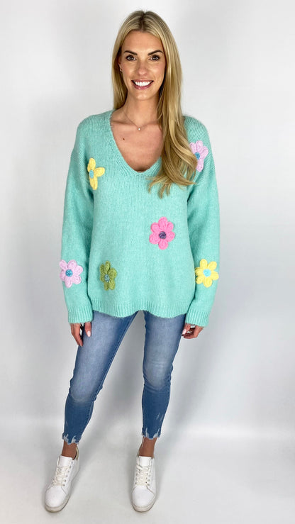 V-neck multi colour embroidery flower jumper (3 Colours) - last 1