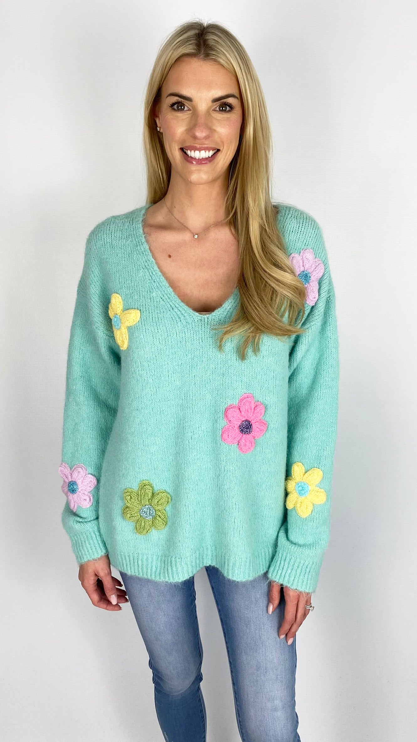 V-neck multi colour embroidery flower jumper (3 Colours) - last 1