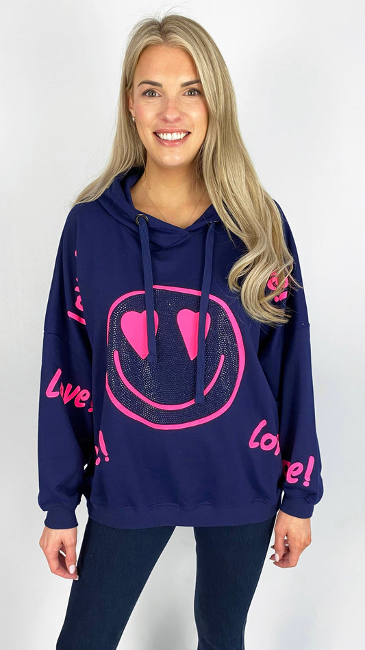 Smiley face motif hooded jumper by Malissa J (Navy)