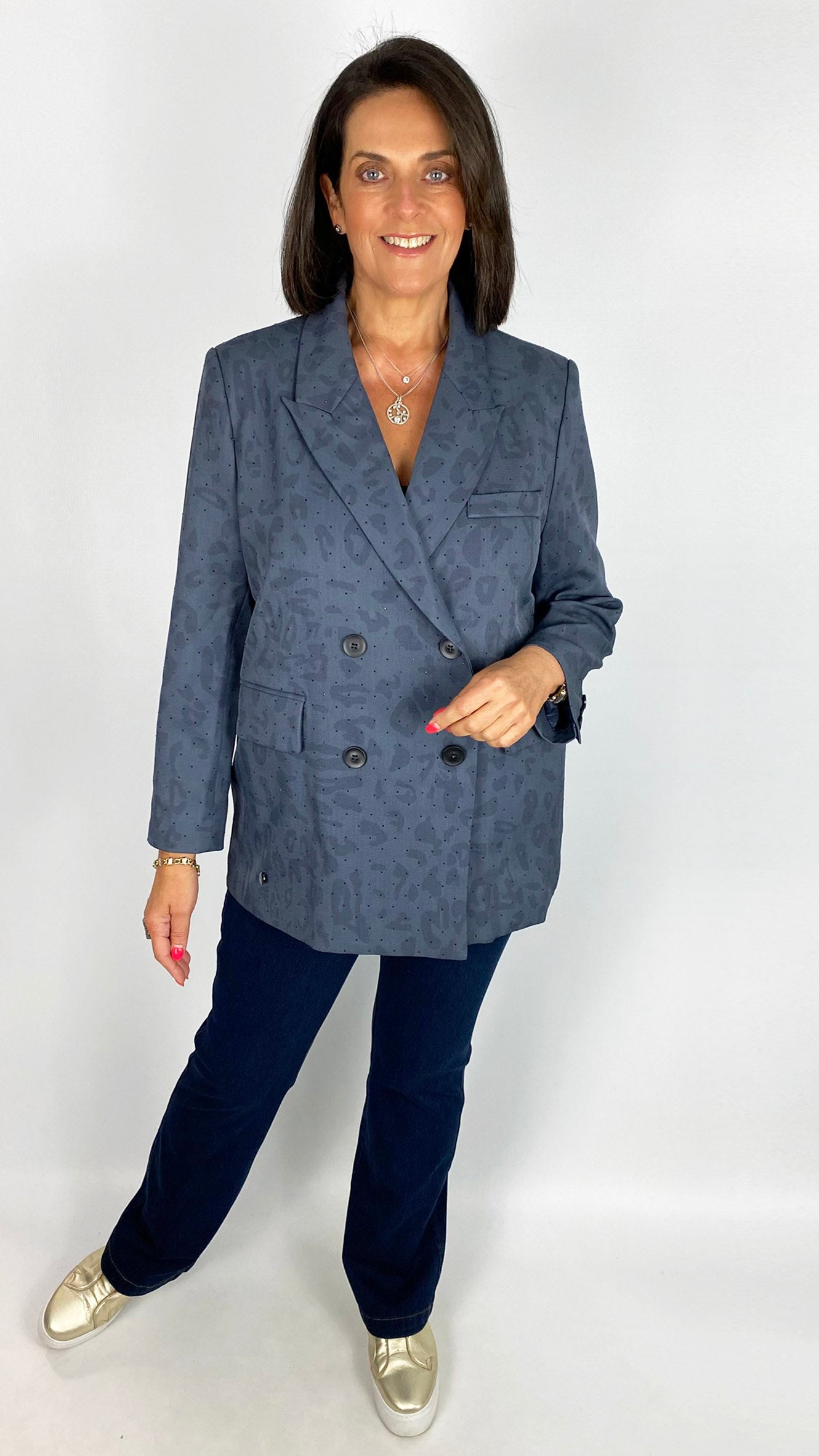 Leopard studded oversized double breasted blazer | Blue | by Malissa J
