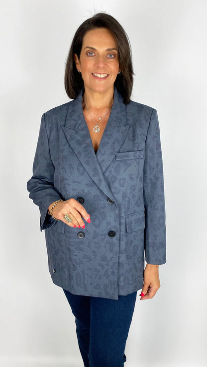 Leopard studded oversized double breasted blazer | Blue | by Malissa J
